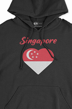 Singapur Bayraklı Kalpli Siyah Sweatshirt Hoodie
