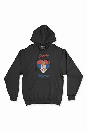 Belgrade Sırbistan Bayraklı Kalpli Siyah Sweatshirt Hoodie
