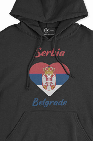 Belgrade Sırbistan Bayraklı Kalpli Siyah Sweatshirt Hoodie