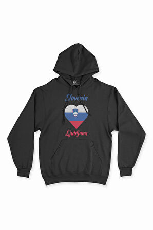 Ljubljana Slovenya Bayraklı Kalpli Siyah Sweatshirt Hoodie