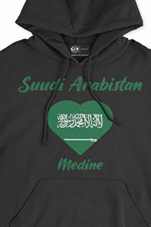 Medine Suudi Arabistan Bayraklı Kalpli Siyah Sweatshirt Hoodie