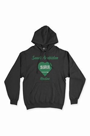 Medine Suudi Arabistan Bayraklı Kalpli Siyah Sweatshirt Hoodie