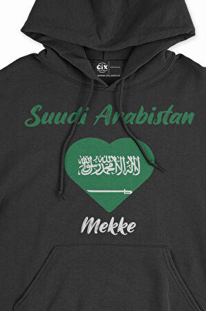 Mekke Suudi Arabistan Bayraklı Kalpli Siyah Sweatshirt Hoodie