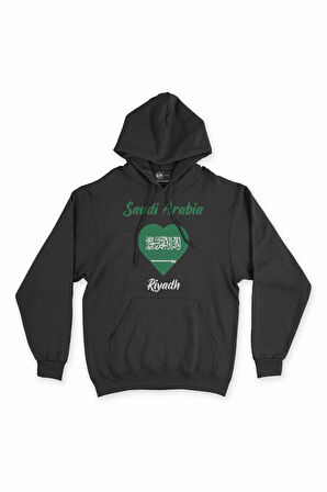 Riyad Suudi Arabistan Bayraklı Kalpli Siyah Sweatshirt Hoodie