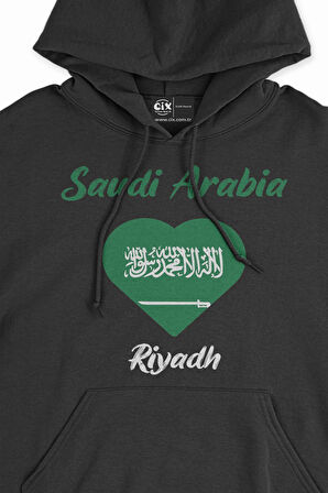 Riyad Suudi Arabistan Bayraklı Kalpli Siyah Sweatshirt Hoodie