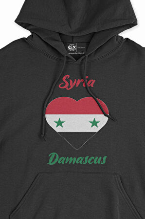 Damascus Suriye Bayraklı Kalpli Siyah Sweatshirt Hoodie