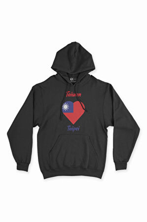 Taipei Tayvan Bayraklı Kalpli Siyah Sweatshirt Hoodie