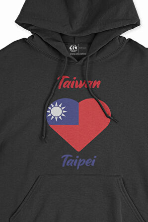 Taipei Tayvan Bayraklı Kalpli Siyah Sweatshirt Hoodie