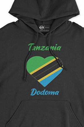Dodoma Tanzanya Bayraklı Kalpli Siyah Sweatshirt Hoodie