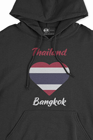 Bangkok Tayland Bayraklı Kalpli Siyah Sweatshirt Hoodie