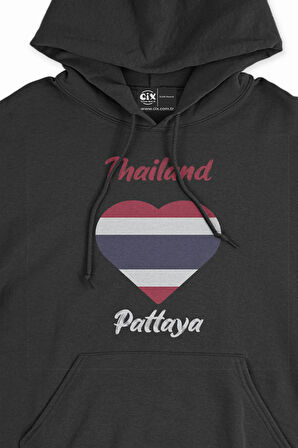 Pattaya Tayland Bayraklı Kalpli Siyah Sweatshirt Hoodie