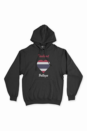 Pattaya Tayland Bayraklı Kalpli Siyah Sweatshirt Hoodie