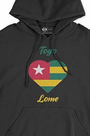 Lome Togo Bayraklı Kalpli Siyah Sweatshirt Hoodie