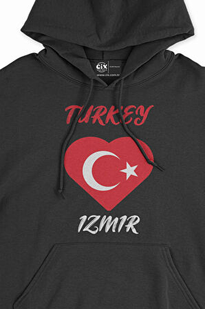 İzmir Türkiye Bayraklı Kalpli Siyah Sweatshirt Hoodie