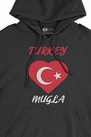 Muğla Türkiye Bayraklı Kalpli Siyah Sweatshirt Hoodie
