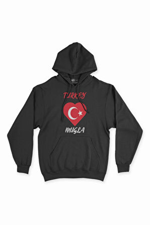 Muğla Türkiye Bayraklı Kalpli Siyah Sweatshirt Hoodie