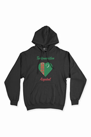 Aşkabat Türkmenistan Bayraklı Kalpli Siyah Sweatshirt Hoodie
