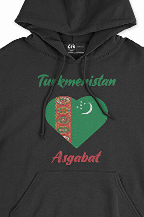 Aşkabat Türkmenistan Bayraklı Kalpli Siyah Sweatshirt Hoodie