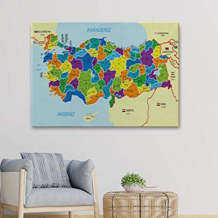 Harita Sepeti Türkiye Haritası Kanvas Tablo İl ve İlçeli Ayrıntılı Eğitici Komşulu Tablo 3004