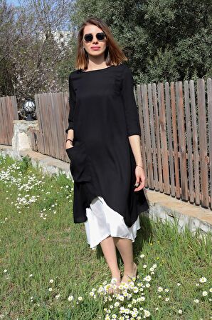 Barbora Keten Yazlık Günlük Tasarım Kadın Elbise bt263siyah6