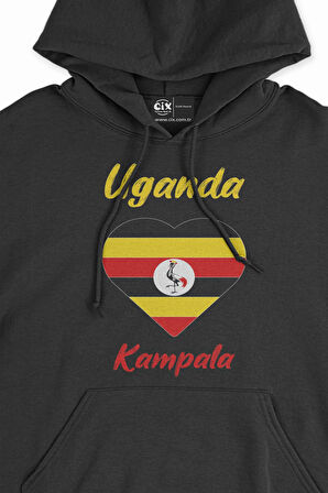 Kampala Uganda Bayraklı Kalpli Siyah Sweatshirt Hoodie