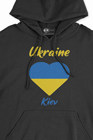 Kiev Ukrayna Bayraklı Kalpli Siyah Sweatshirt Hoodie