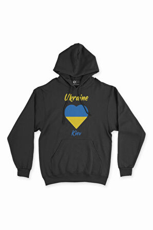 Kiev Ukrayna Bayraklı Kalpli Siyah Sweatshirt Hoodie