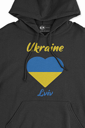 Lviv Ukrayna Bayraklı Kalpli Siyah Sweatshirt Hoodie