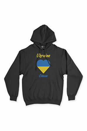 Odessa Ukrayna Bayraklı Kalpli Siyah Sweatshirt Hoodie