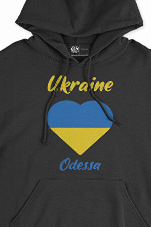 Odessa Ukrayna Bayraklı Kalpli Siyah Sweatshirt Hoodie