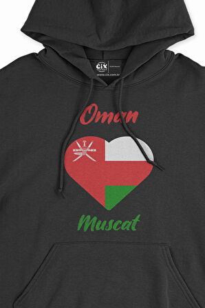 Muskat Umman Bayraklı Kalpli Siyah Sweatshirt Hoodie
