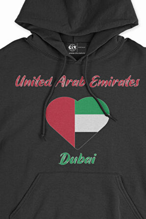 Dubai Bayraklı Kalpli Siyah Sweatshirt Hoodie