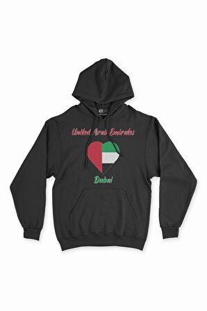 Dubai Bayraklı Kalpli Siyah Sweatshirt Hoodie