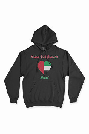 Dubai Bayraklı Kalpli Siyah Sweatshirt Hoodie