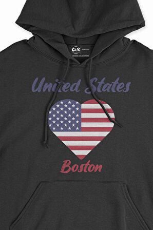 Boston Amerika Bayraklı Kalpli Siyah Sweatshirt Hoodie