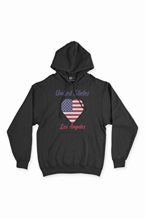 Los Angeles Amerika Bayraklı Kalpli Siyah Sweatshirt Hoodie