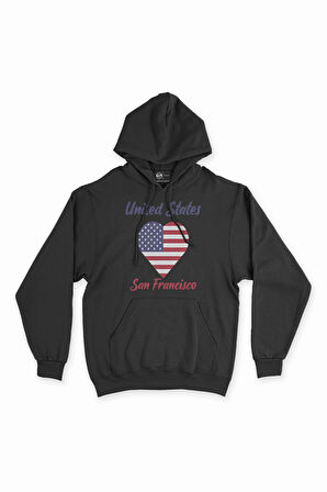 San Francisco Amerika Bayraklı Kalpli Siyah Sweatshirt Hoodie