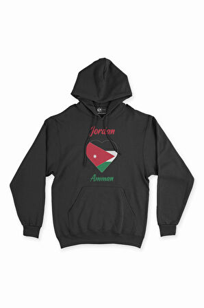 Amman Ürdün Bayraklı Kalpli Siyah Sweatshirt Hoodie