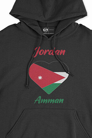 Amman Ürdün Bayraklı Kalpli Siyah Sweatshirt Hoodie