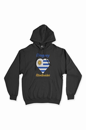 Montevideo Uruguay Bayraklı Kalpli Siyah Sweatshirt Hoodie