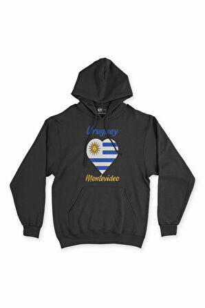 Montevideo Uruguay Bayraklı Kalpli Siyah Sweatshirt Hoodie