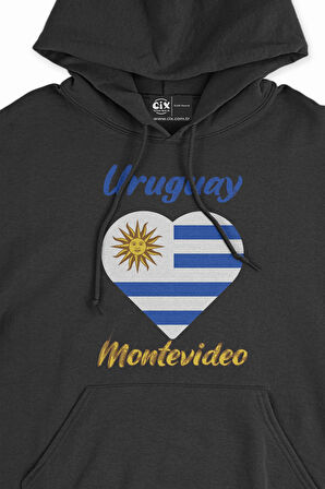Montevideo Uruguay Bayraklı Kalpli Siyah Sweatshirt Hoodie