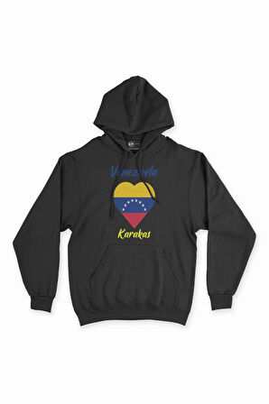 Karakas Venezuela Bayraklı Kalpli Siyah Sweatshirt Hoodie