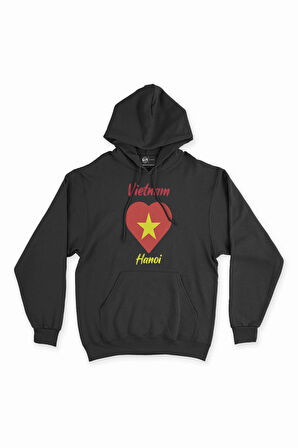 Hanoi Vietnam Bayraklı Kalpli Siyah Sweatshirt Hoodie