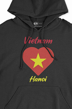 Hanoi Vietnam Bayraklı Kalpli Siyah Sweatshirt Hoodie