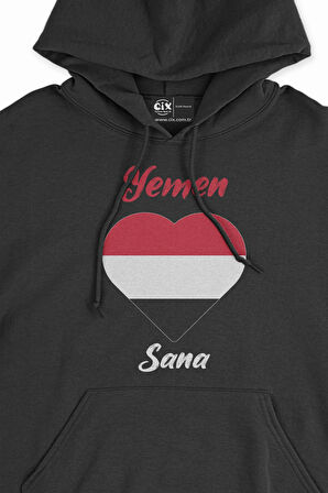 Sana Yemen Bayraklı Kalpli Siyah Sweatshirt Hoodie