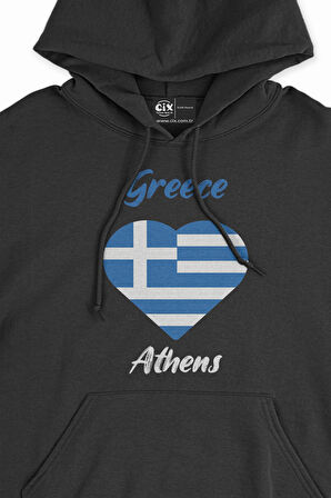 Atina Yunanistan Bayraklı Kalpli Siyah Sweatshirt Hoodie