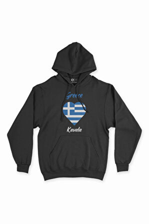 Kavala Yunanistan Bayraklı Kalpli Siyah Sweatshirt Hoodie