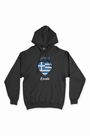 Kavala Yunanistan Bayraklı Kalpli Siyah Sweatshirt Hoodie