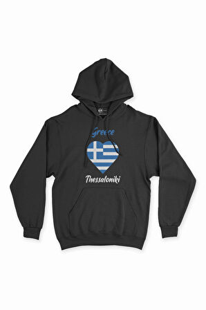 Selanik Yunanistan Bayraklı Kalpli Siyah Sweatshirt Hoodie